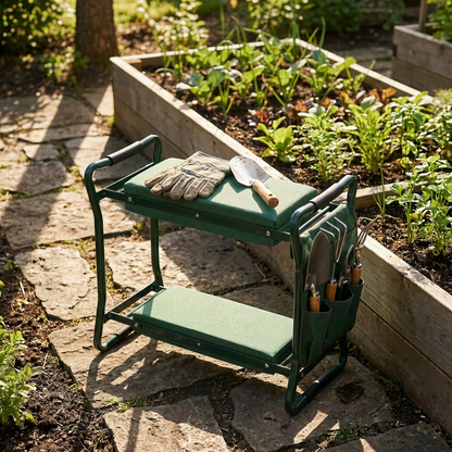 Foldable garden kneeler and seat beside a raised planting bed