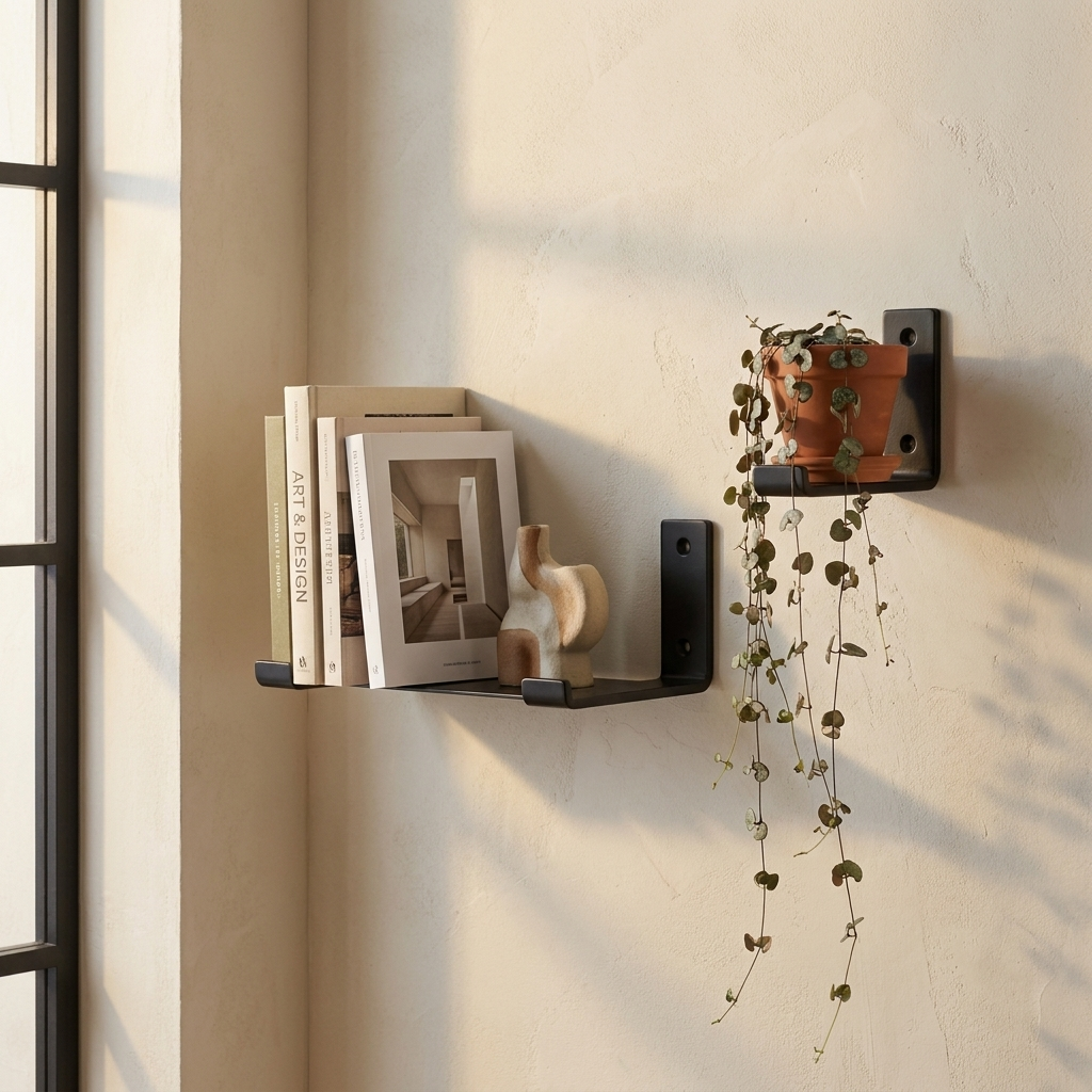 Two floating wall bookshelves styled with books in a study