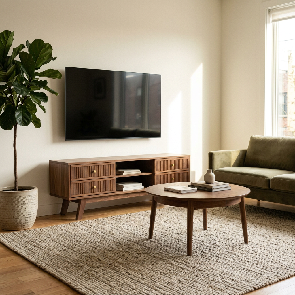Walnut TV unit and coffee table set in a modern living room