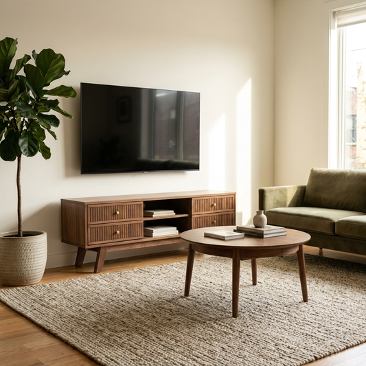 Walnut TV unit and coffee table set in a modern living room
