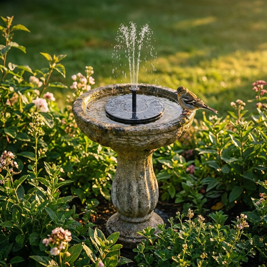 Floating solar bird bath fountain in a stone bird bath