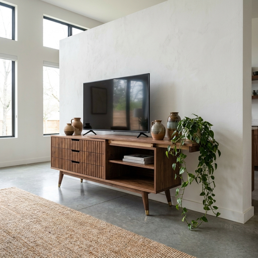 Long walnut extendable TV unit in a spacious living room