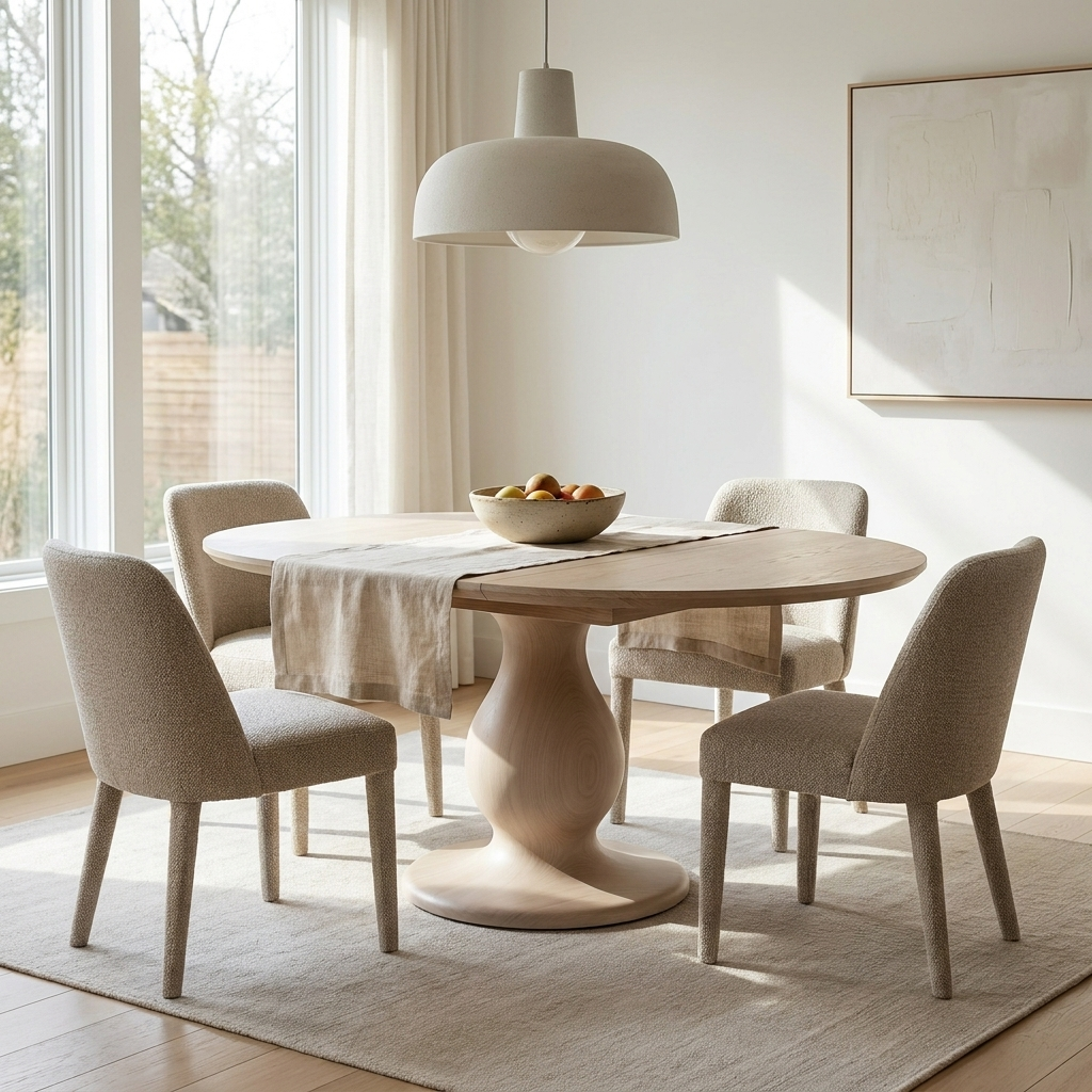 Extendable round dining table in a bright modern dining room