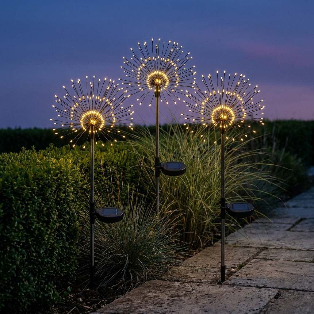 Firework burst garden lights along a garden border at twilight