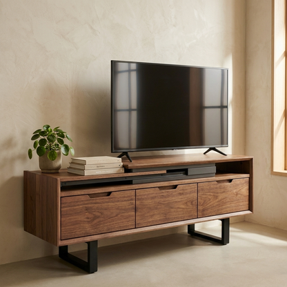 Walnut extendable TV unit with three drawers in a living room