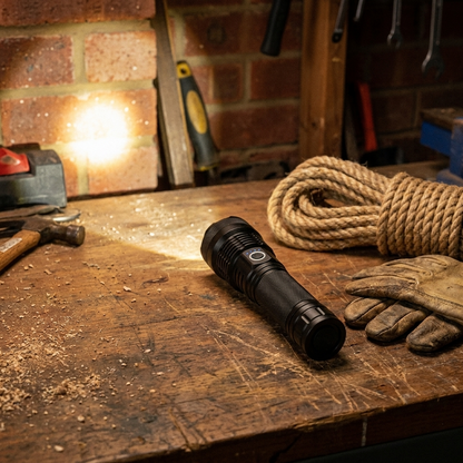 Rechargeable flashlight on a workbench with its beam lit