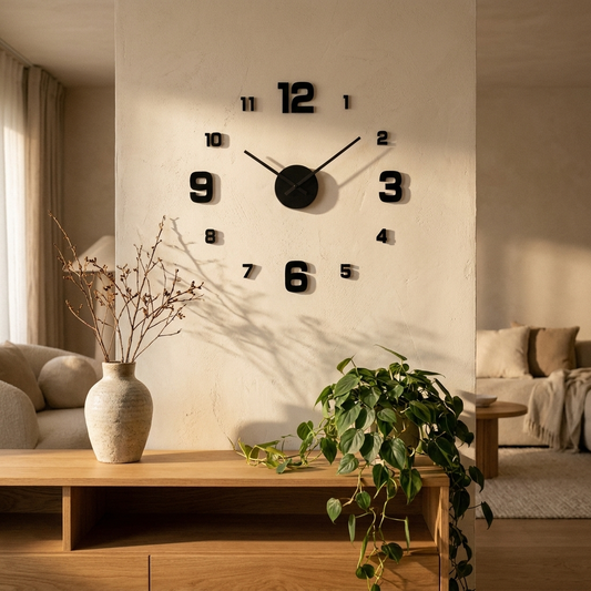 Frameless wall clock on a plaster wall above an oak console