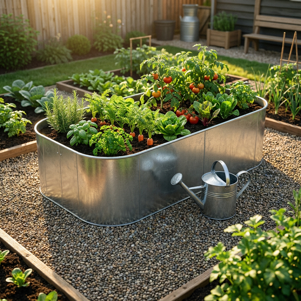 Galvanised raised garden bed planted with vegetables and herbs
