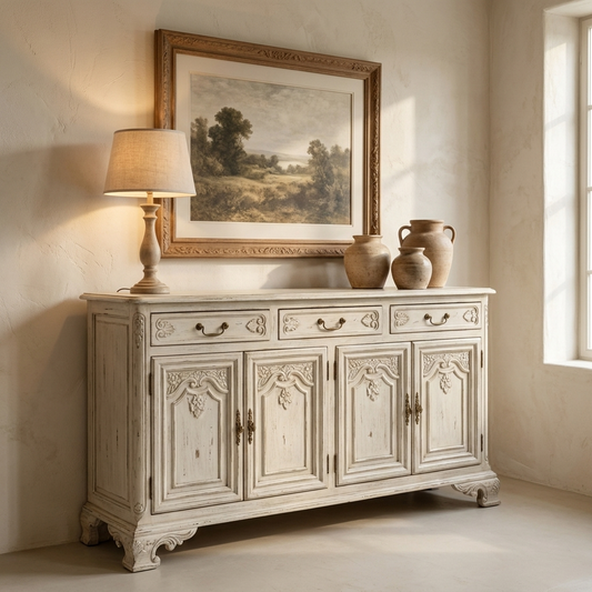 French country buffet sideboard styled in an elegant dining room