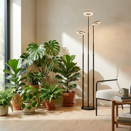 Indoor plant grow light illuminating houseplants in a living room