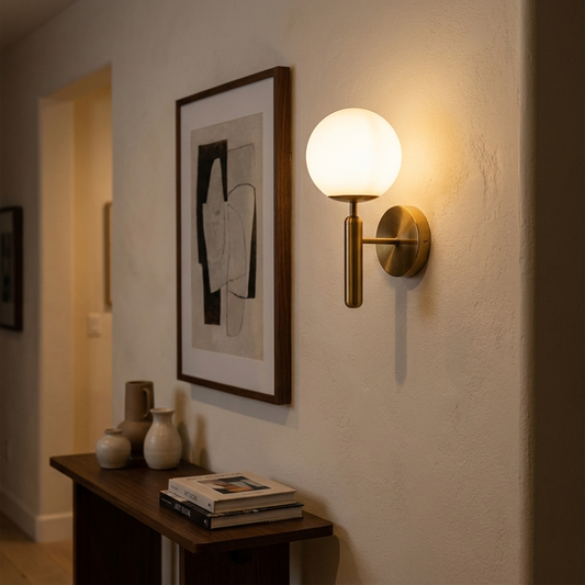 Glass globe wall sconce glowing in an elegant hallway at dusk