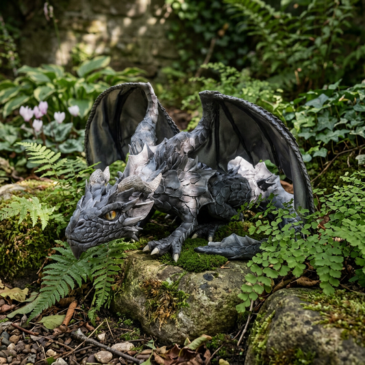 Dragon garden statue among ferns and mossy stones