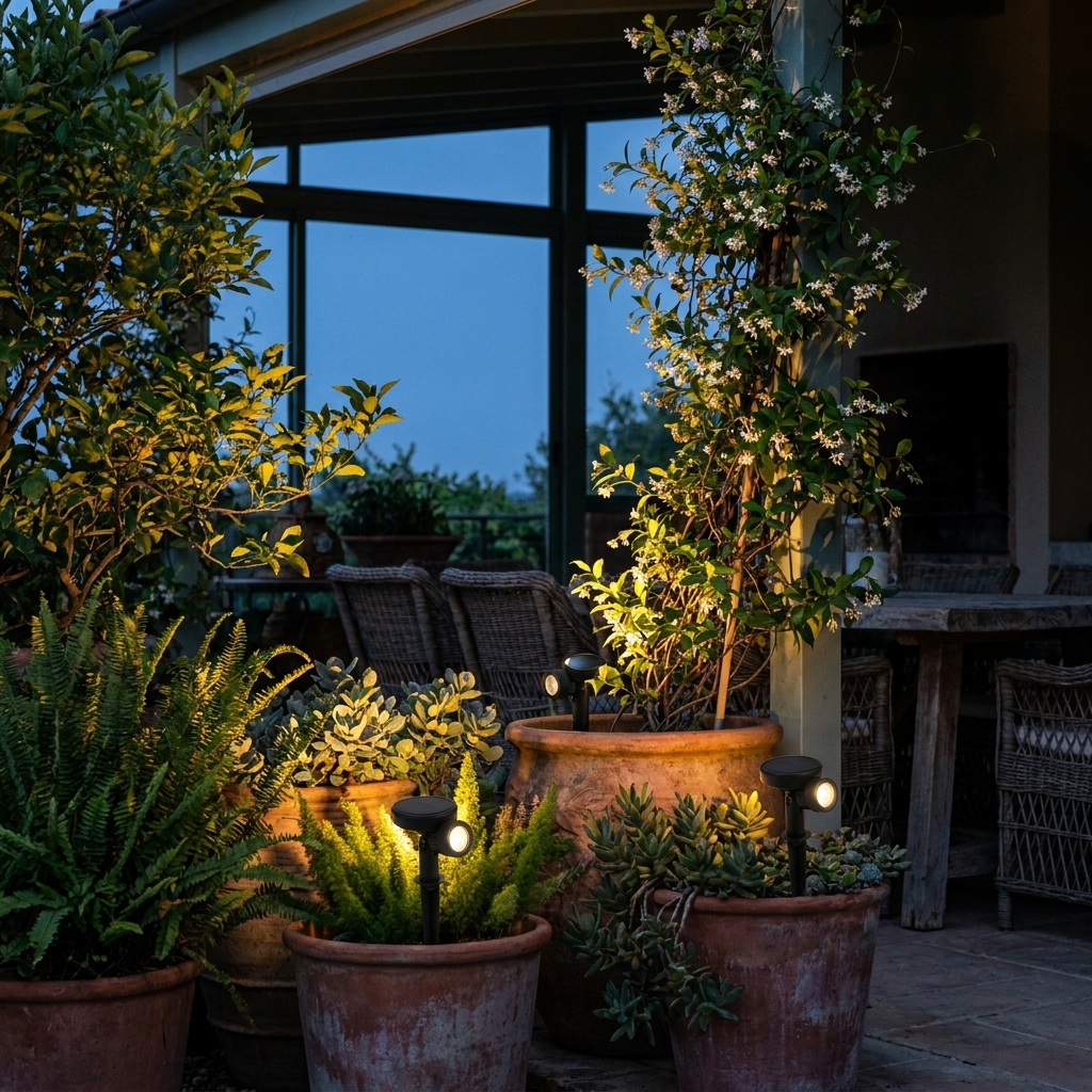 Mini solar flower pot spotlights uplighting planters at dusk