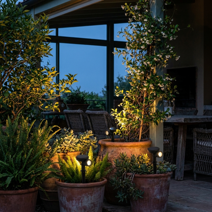 Mini solar flower pot spotlights uplighting planters at dusk