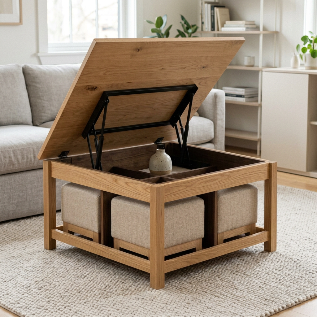 Lift top coffee table with four stools in a contemporary living room