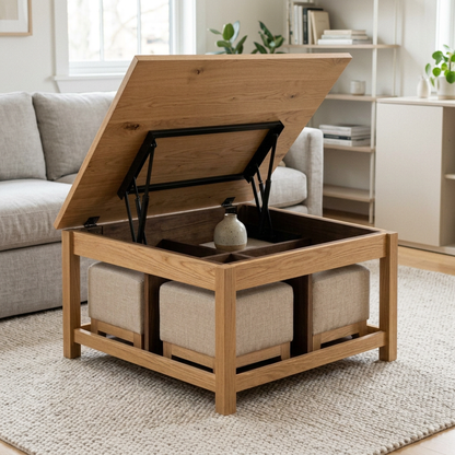 Lift top coffee table with four stools in a contemporary living room
