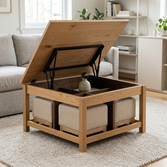 Lift top coffee table with four stools in a contemporary living room