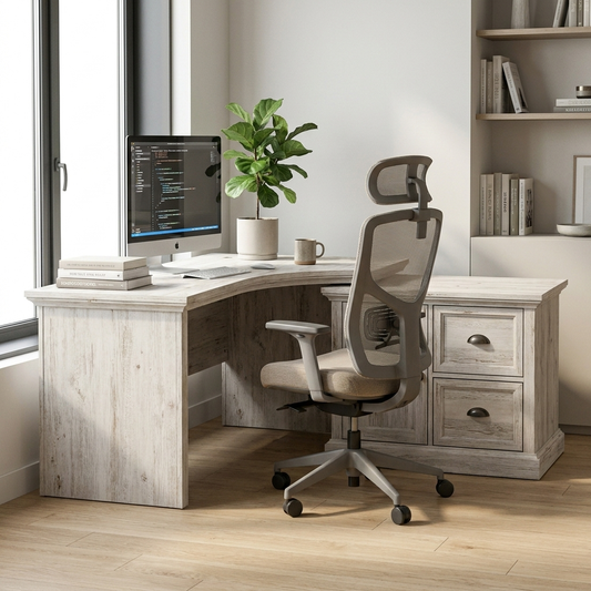 Whitewash L-shaped home office desk in a bright home office
