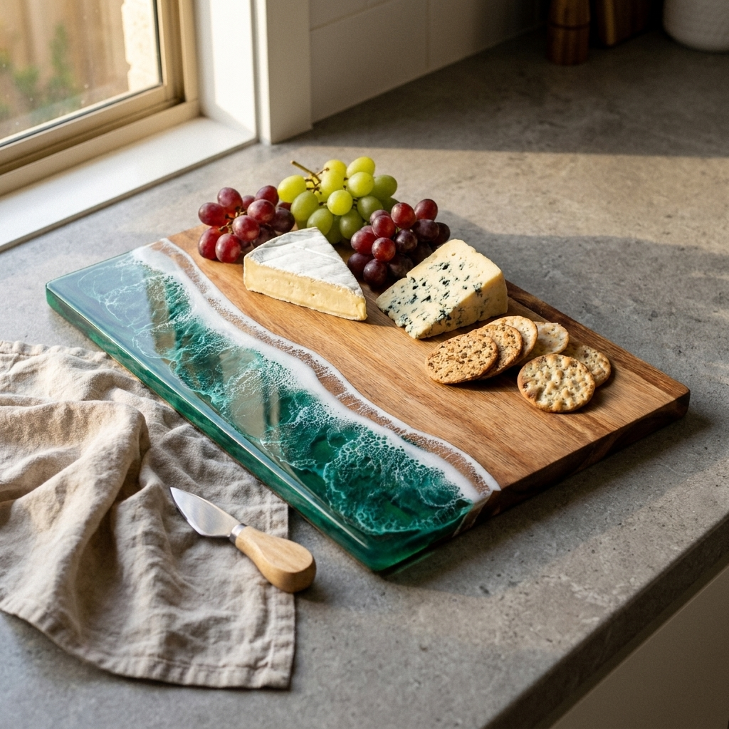 Acacia resin serving board styled with cheese and grapes