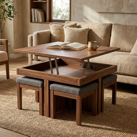 Lift top coffee table with four stools in a living room