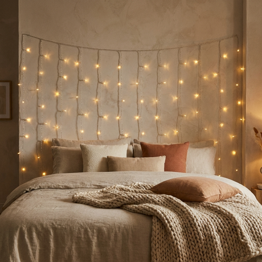 Warm white LED curtain lights glowing behind a bed