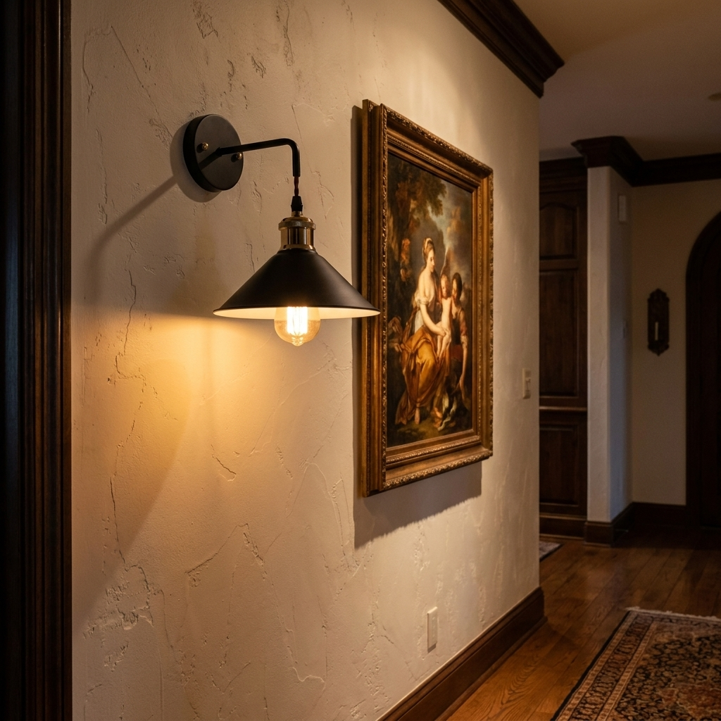 Oil-rubbed wall sconce glowing in an elegant hallway