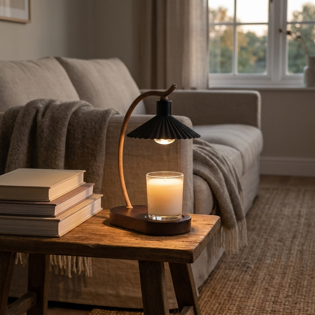Nordic candle warmer lamp on a side table at dusk