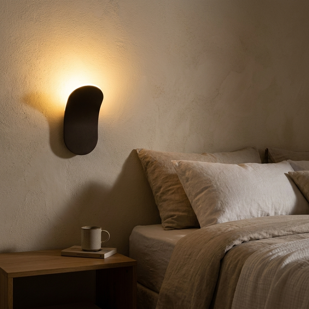 Minimalist LED wall lamp glowing beside a bed at night