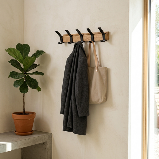 Wall-mounted coat rack with a coat and tote in an entryway