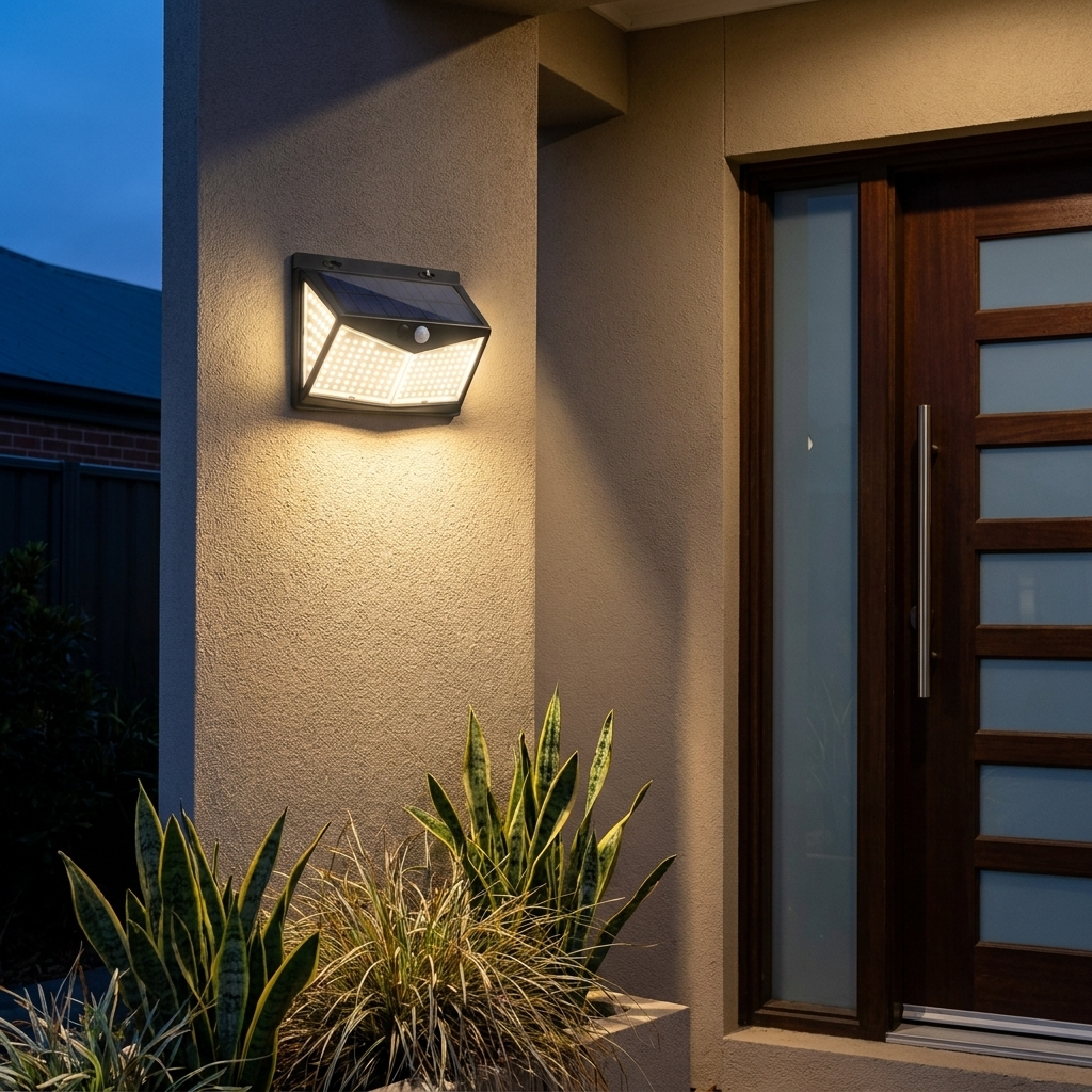 Outdoor solar light washing a modern entrance wall at dusk