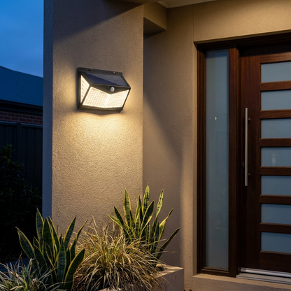 Outdoor solar light washing a modern entrance wall at dusk