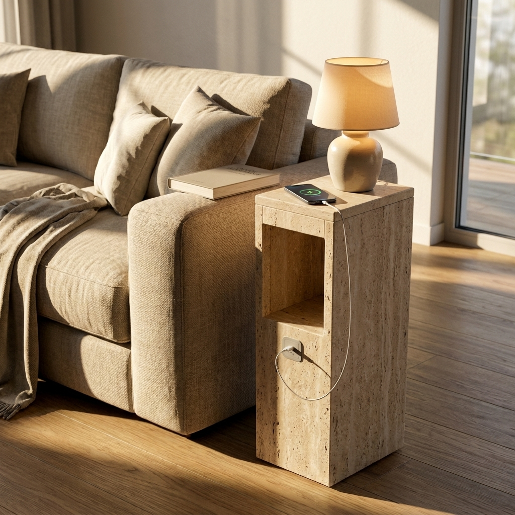 Narrow side table with USB charging beside a linen sofa