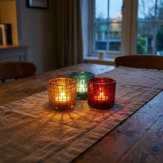 Mosaic glass candle holders lit on a dining table at dusk