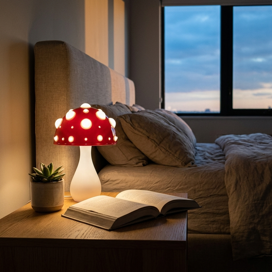 LED dome table lamp glowing on a bedside table at dusk