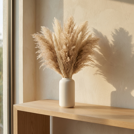 Pampas grass arrangement in a vase on an oak console table