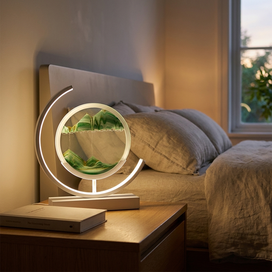 Quicksand art LED table lamp glowing on a bedside table