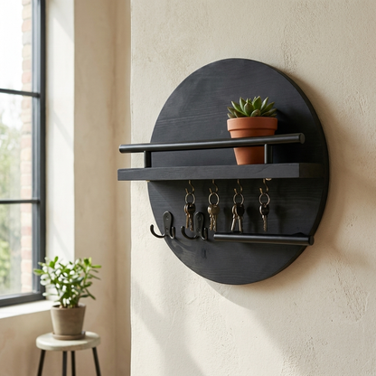Round wooden wall key holder with keys in an entryway