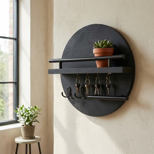 Round wooden wall key holder with keys in an entryway