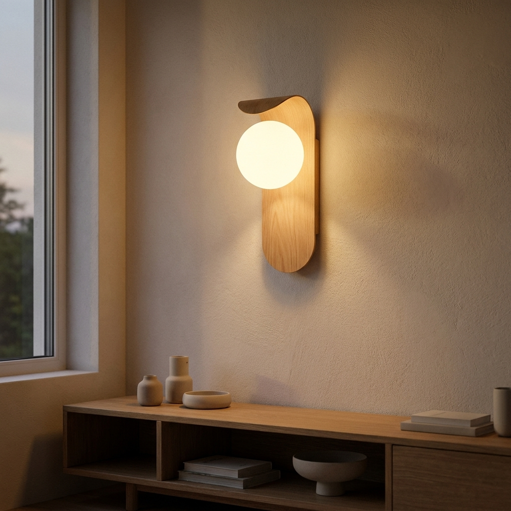 Scandinavian LED wall lamp glowing above a timber console