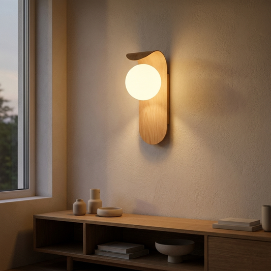 Scandinavian LED wall lamp glowing above a timber console