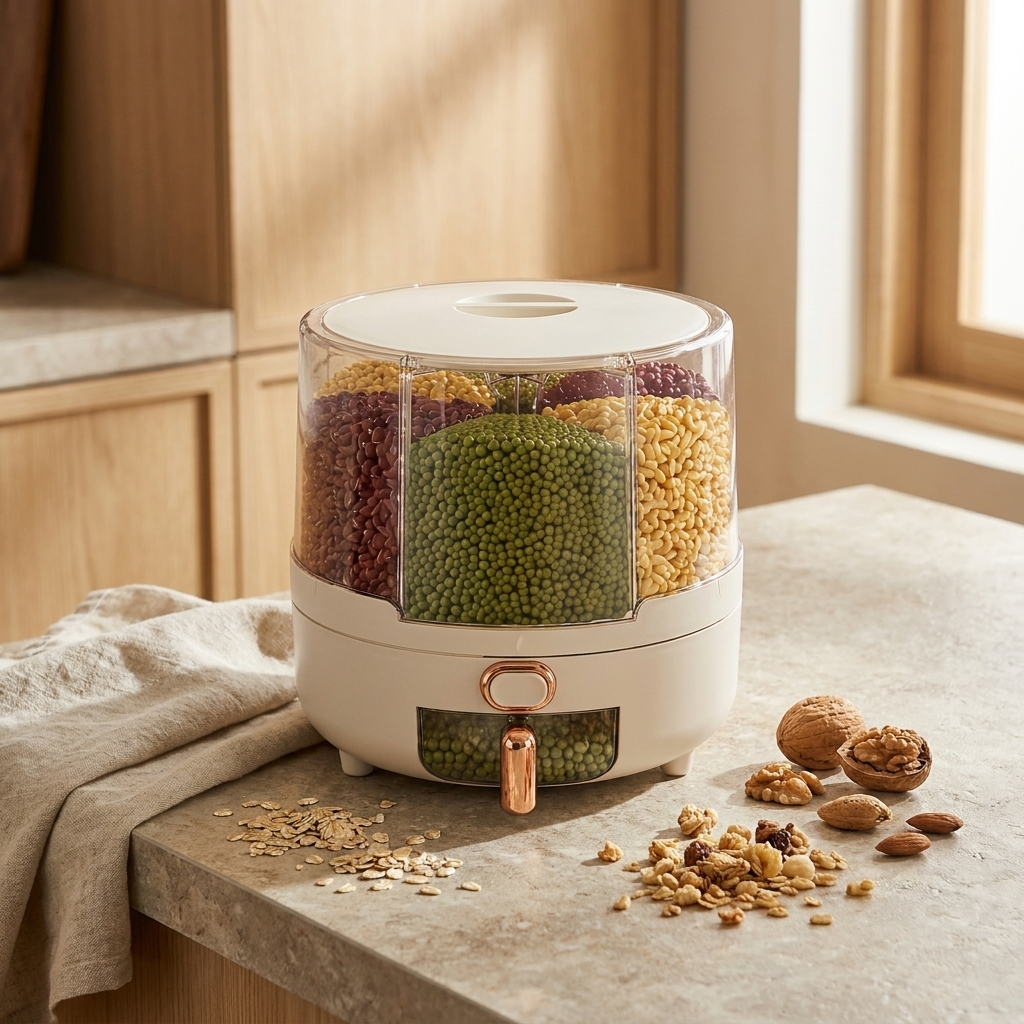Rotating airtight pantry container on a kitchen benchtop
