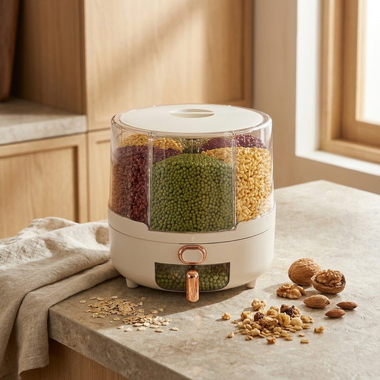 Rotating airtight pantry container on a kitchen benchtop