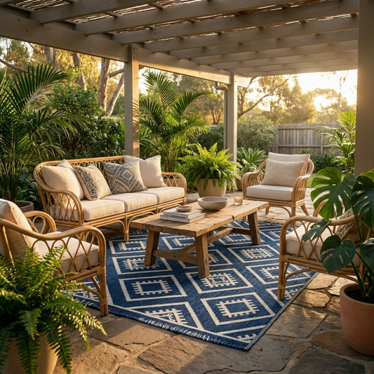 Reversible outdoor patio rug under a rattan lounge setting