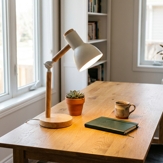 Wooden desk lamp lit on an oak study desk