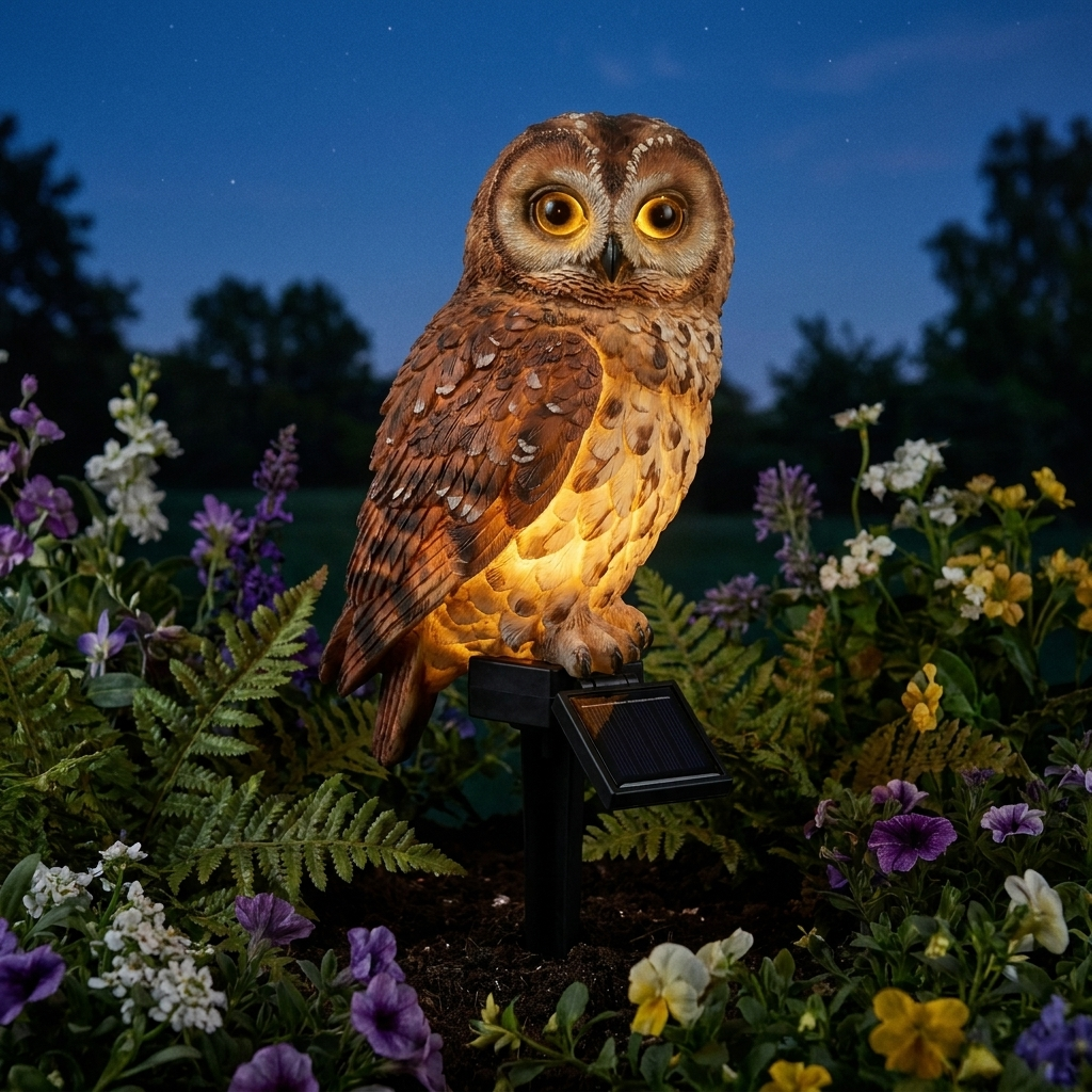 Solar owl stake light glowing among ferns at twilight