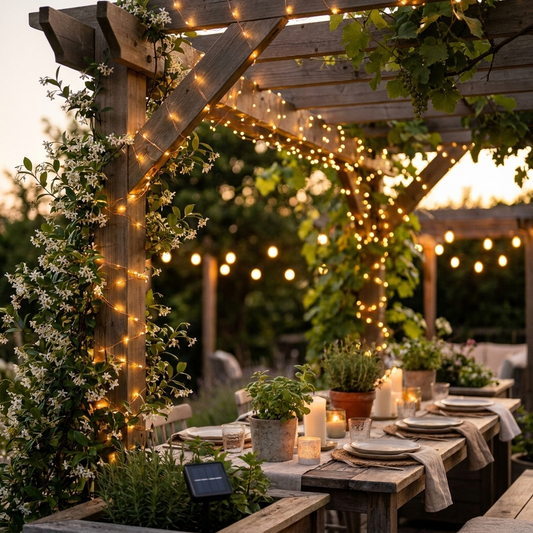Solar fairy string lights wound through a pergola at dusk
