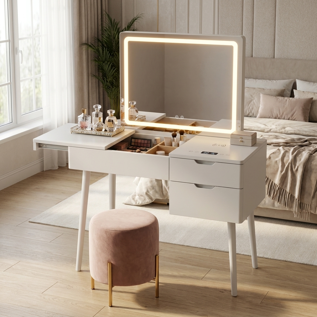 Smart dressing table with LED mirror lit in a modern bedroom