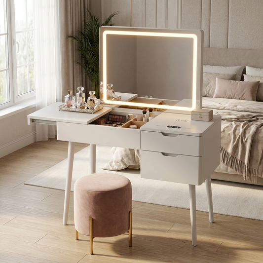 Smart dressing table with LED mirror lit in a modern bedroom