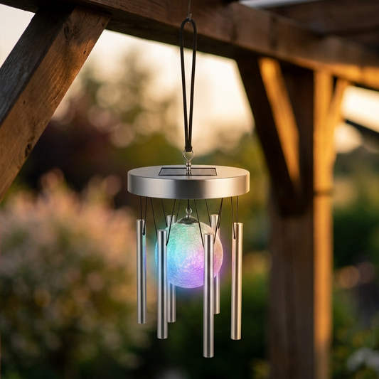 Solar LED wind chimes glowing on a veranda at dusk