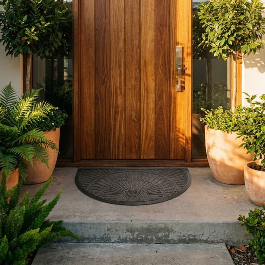 Semi-circle rubber door mat on a modern front doorstep